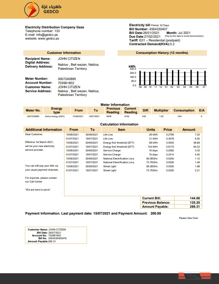 Palestine Electricity Distribution Company Gaza (GEDCO) utility bill template in Word and PDF format
